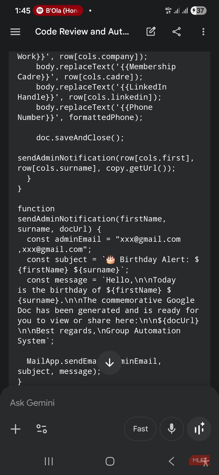 The code generated by Google Gemini is displayed on the mobile device 3.