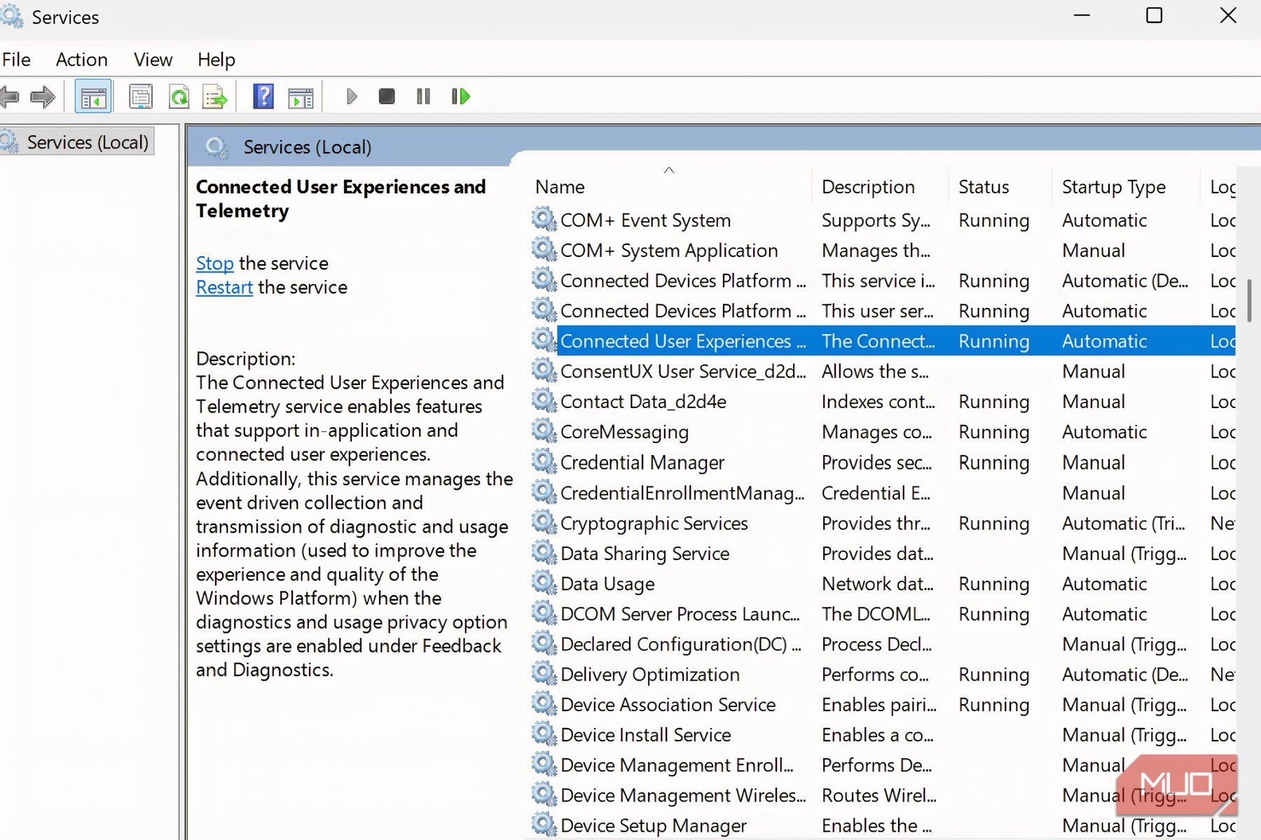 Connected User Experience and Telemetry service selected on Windows 11