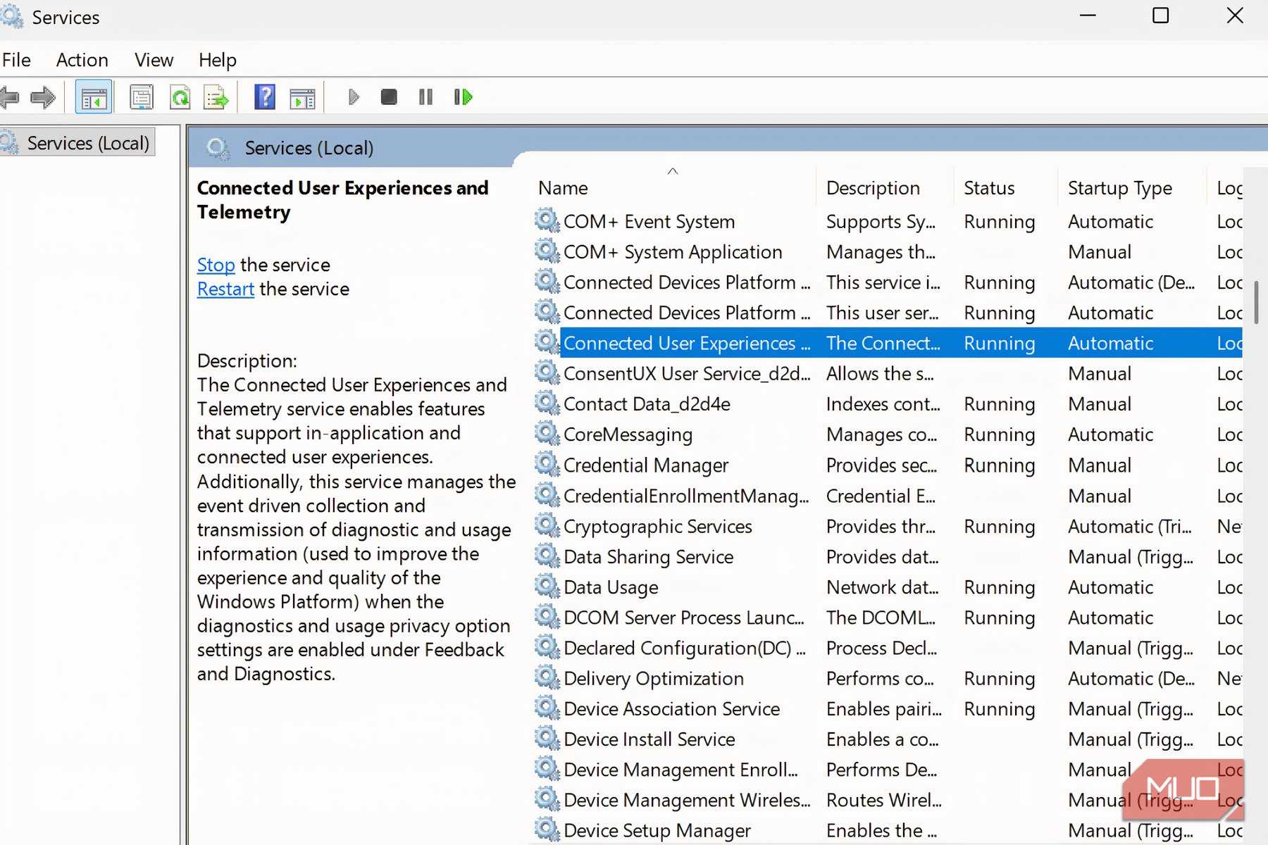 Connected User Experience and Telemetry service selected on Windows 11