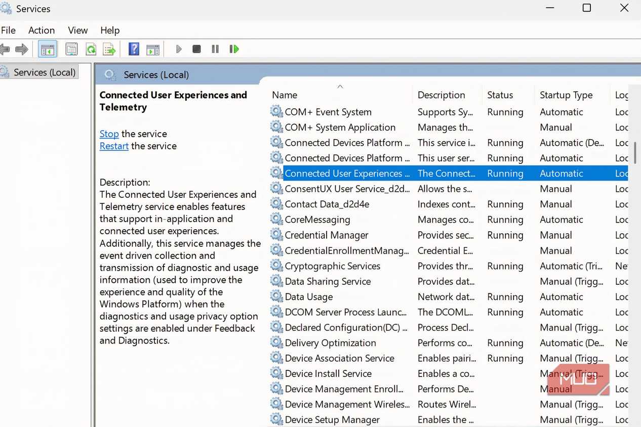Connected User Experience and Telemetry service selected on Windows 11