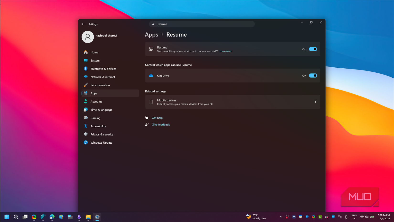 Cross Device resume option in the Windows 11 Settings app