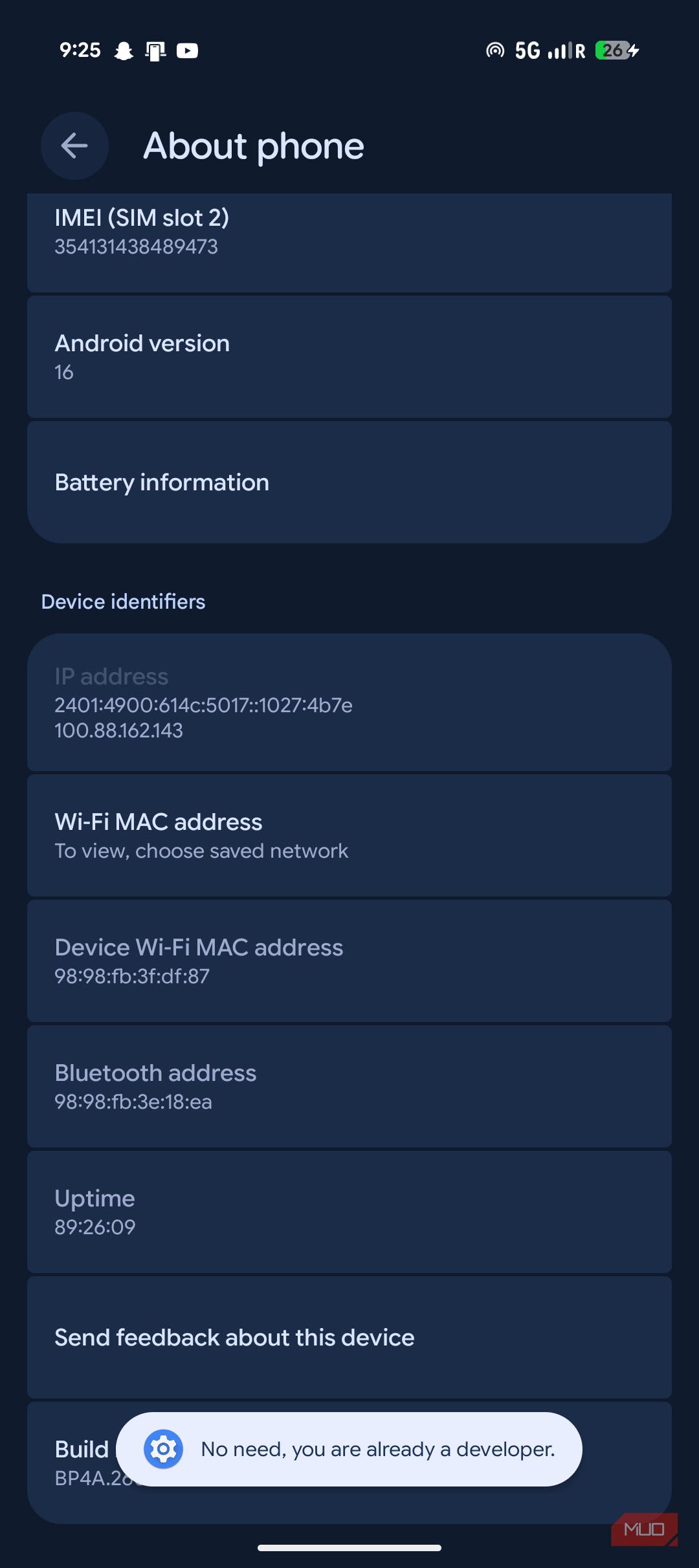 Developer options enabled in Pixel 9a. 