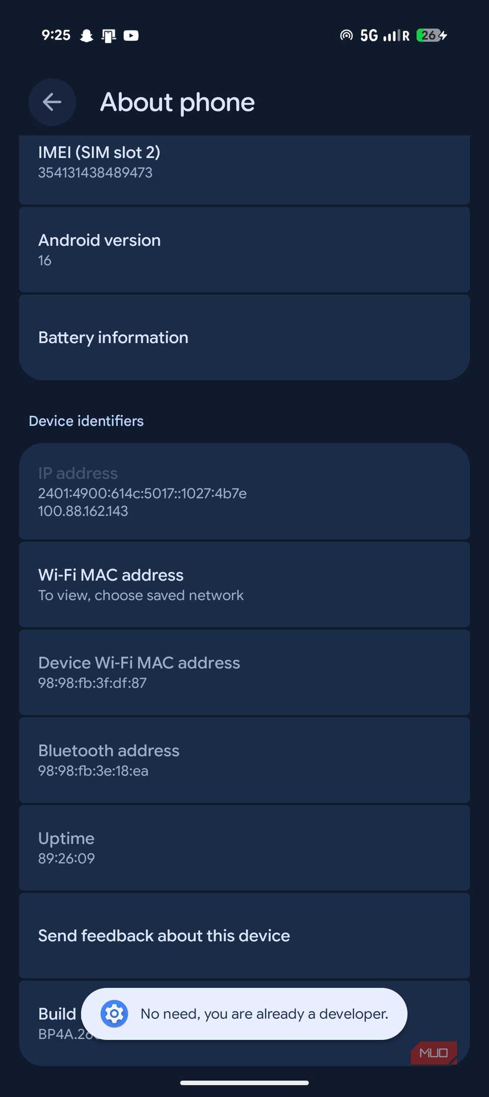 Opciones de desarrollador habilitadas en Pixel 9a. 