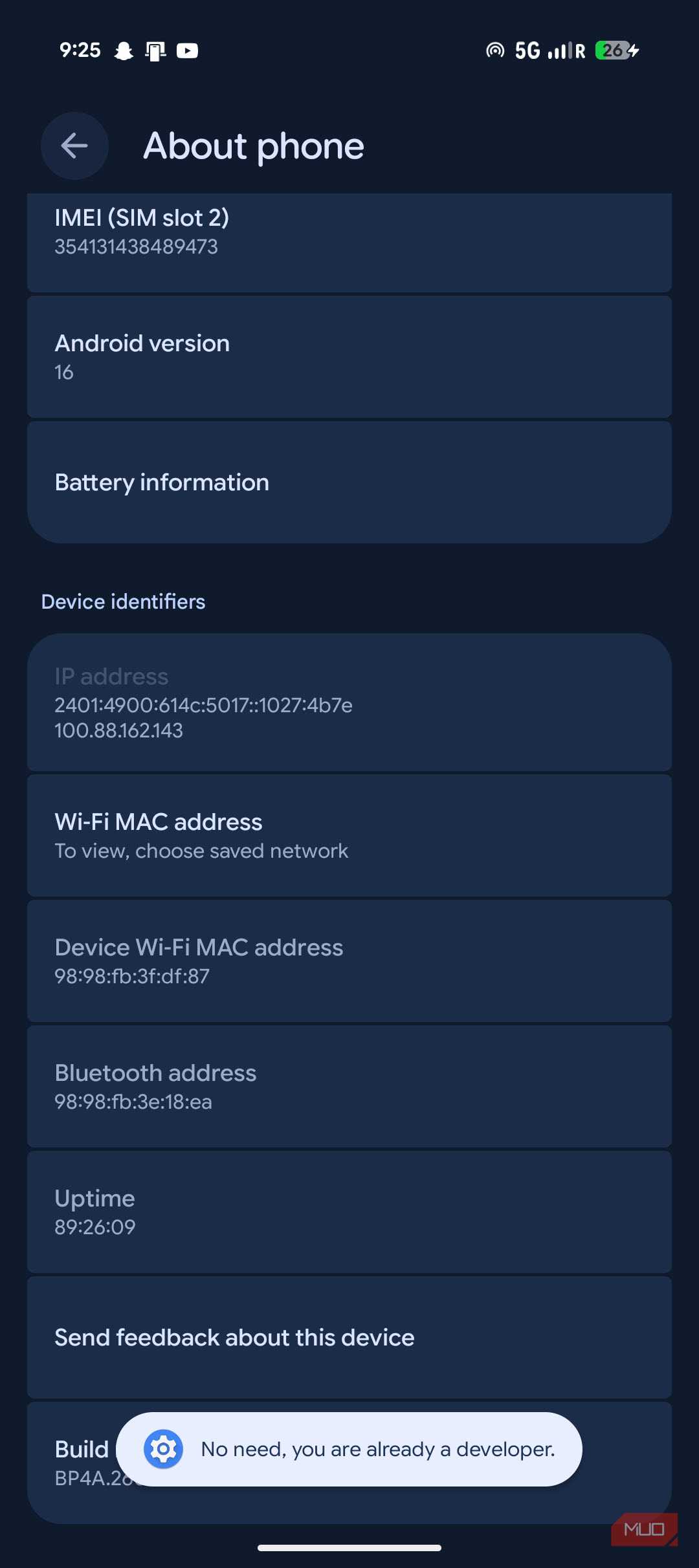 Developer options enabled in Pixel 9a.