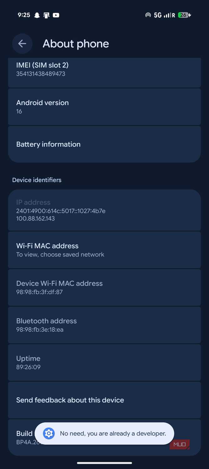 Developer options enabled in Pixel 9a.