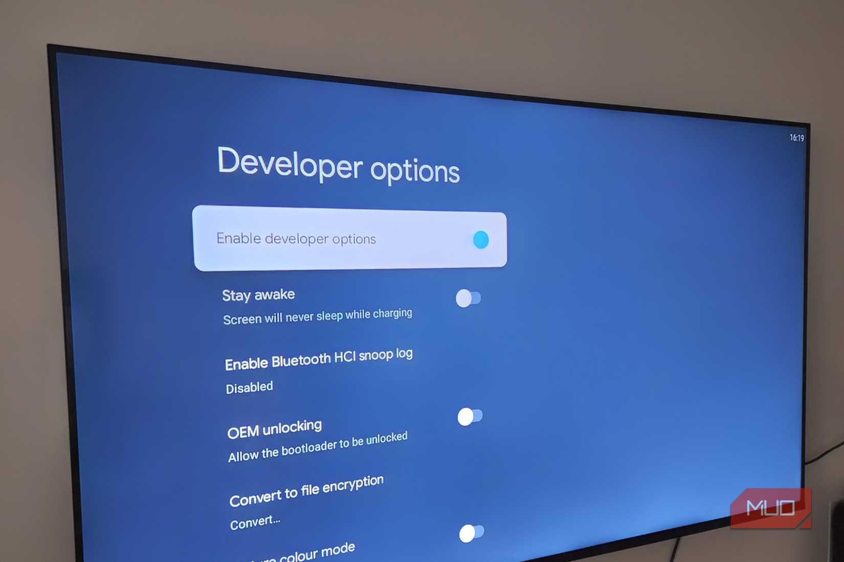 Developer Options menu on Android TV