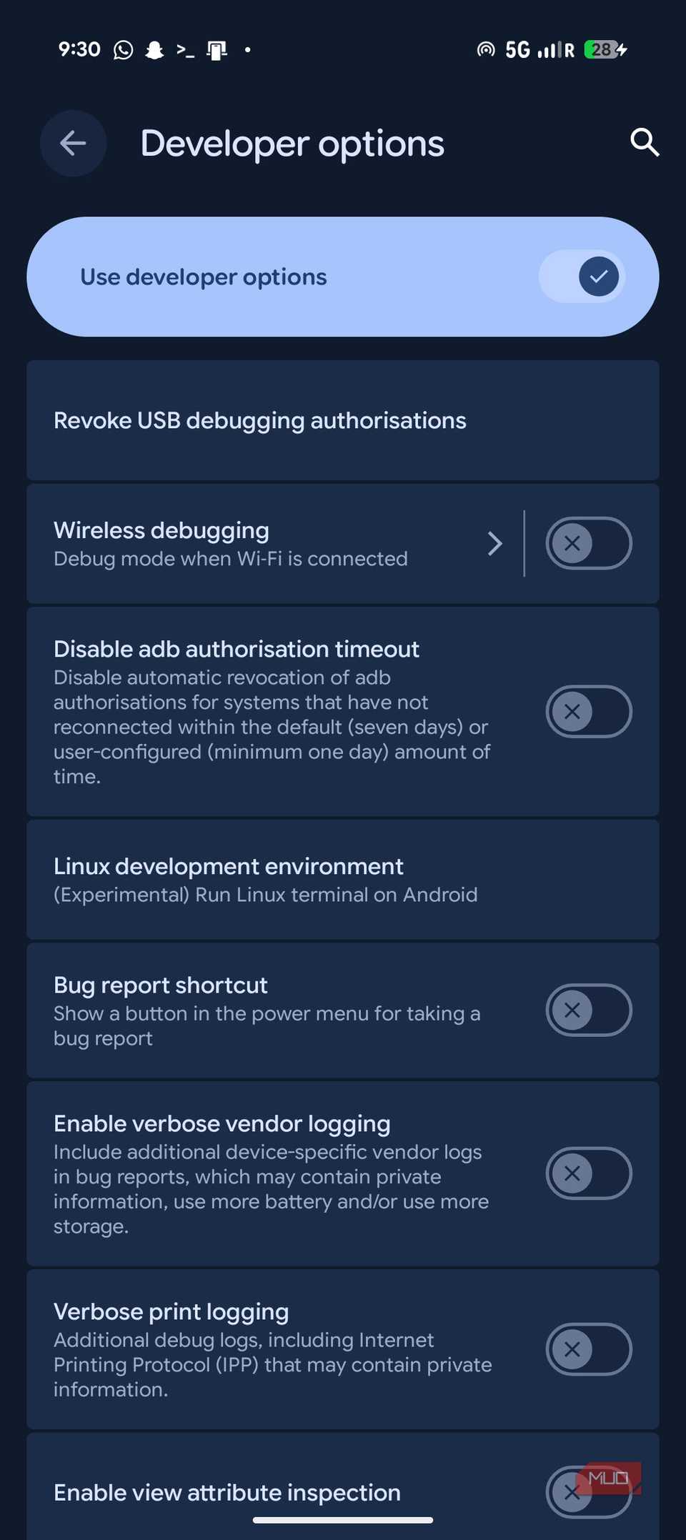 Opciones de desarrollador con configuración de Terminal.