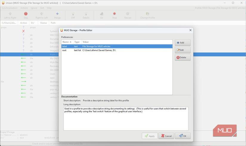 Editing sync profile