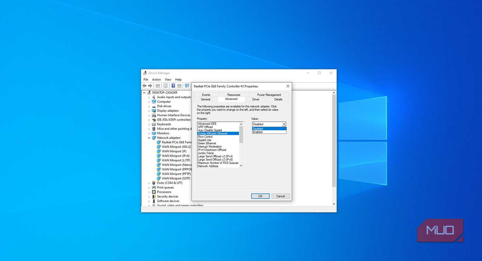 Energy-Efficient Ethernet drop-down menu