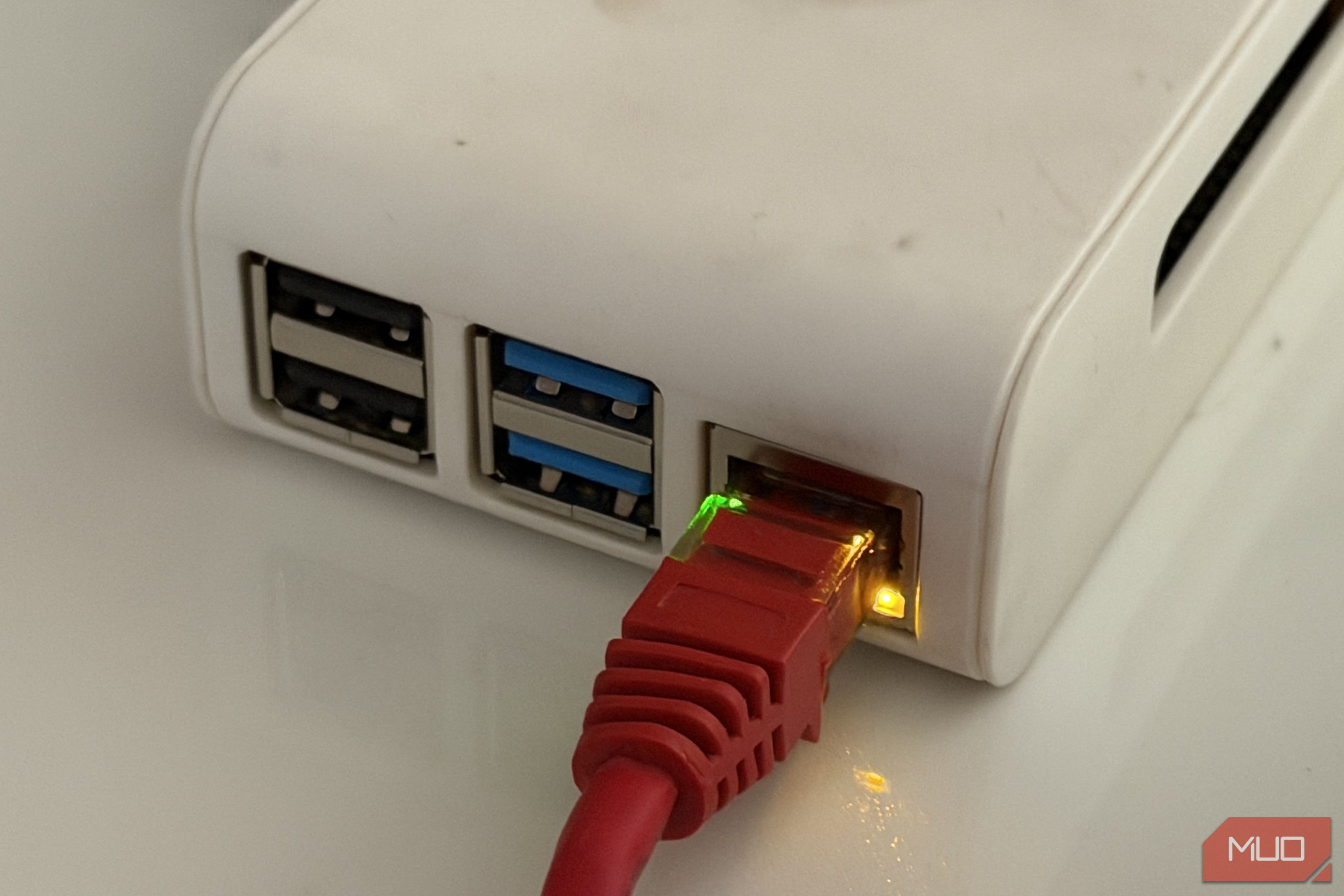Ethernet and USB ports on a Raspberry Pi with casing