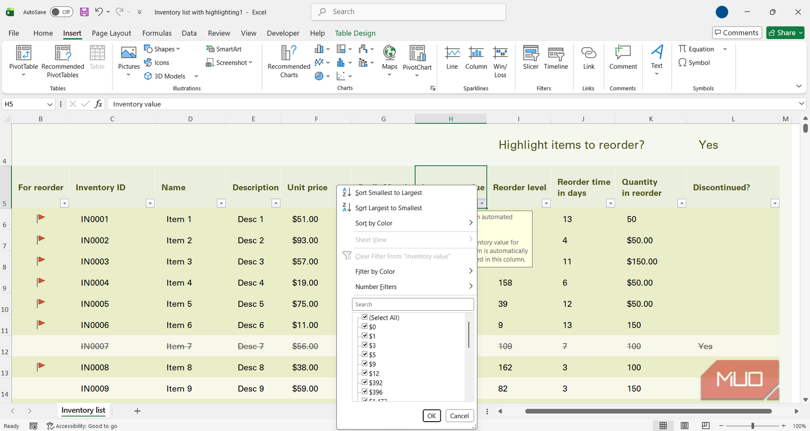 Excel table showing filters menu