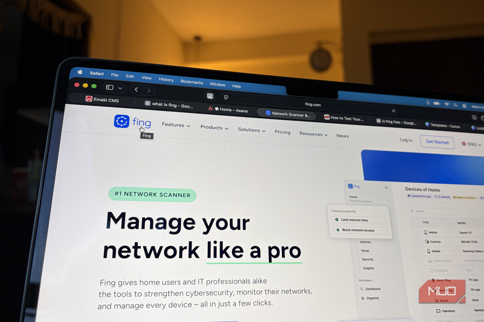 Fing website opened on MacBook