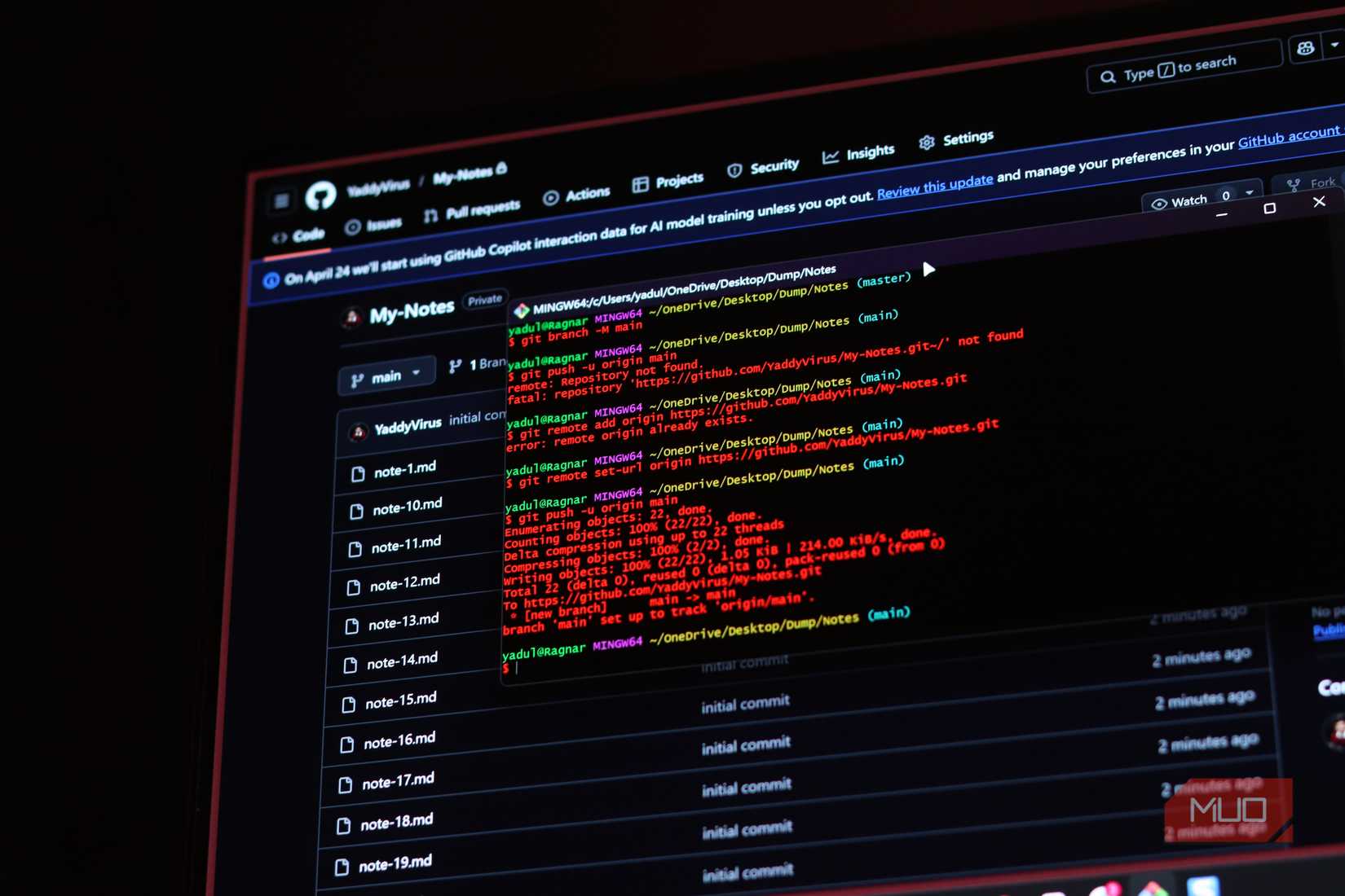 Git syncing with GitHub repository containing notes.