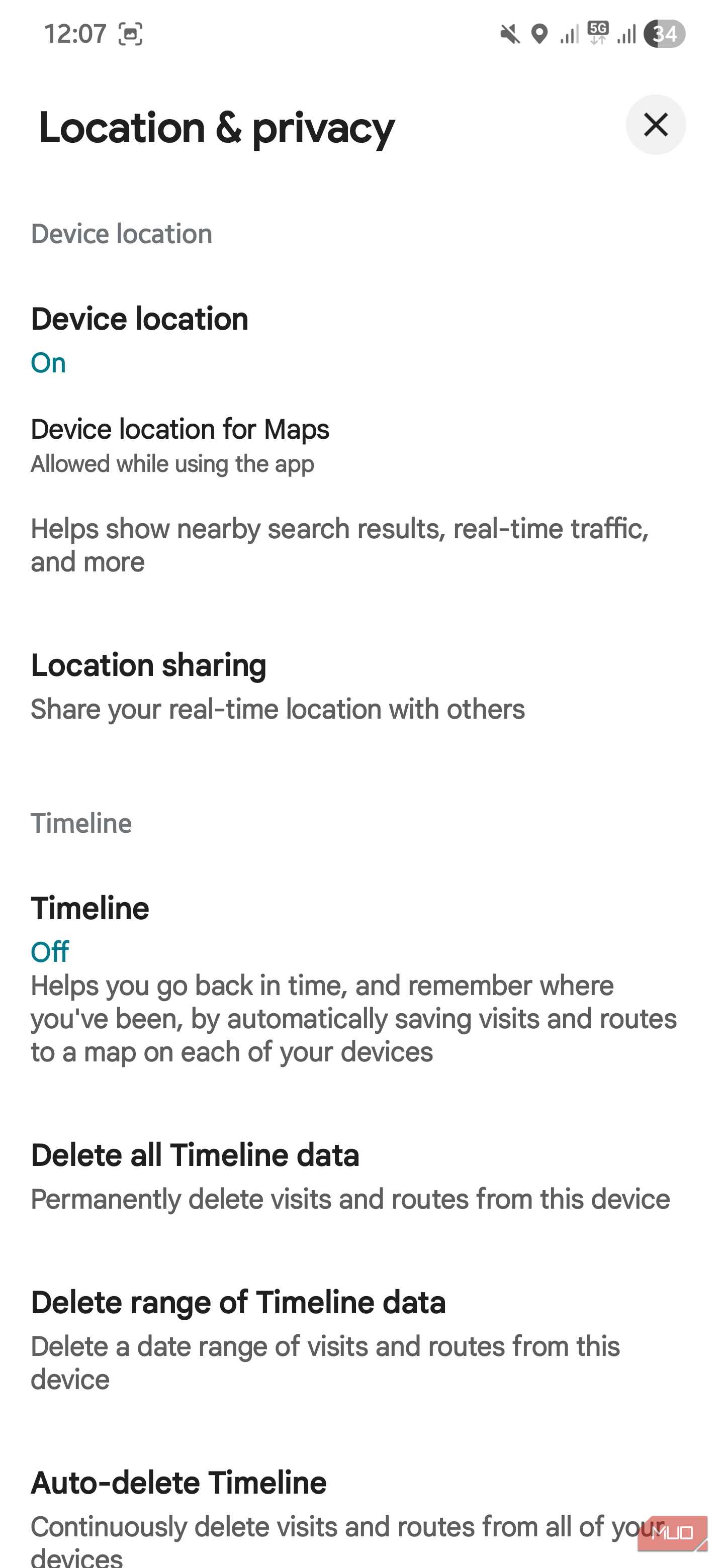 Location and privacy settings menu with the Timeline toggle set to off