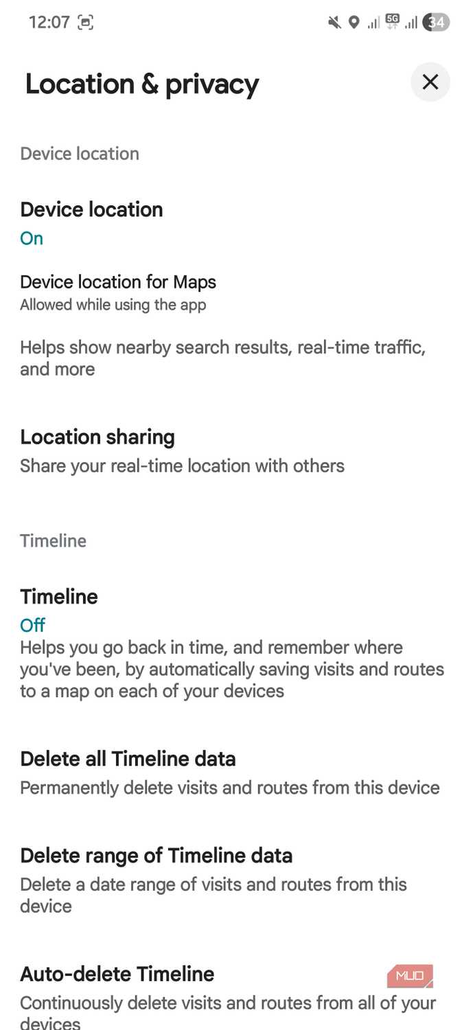 Location and privacy settings menu with the Timeline toggle set to off