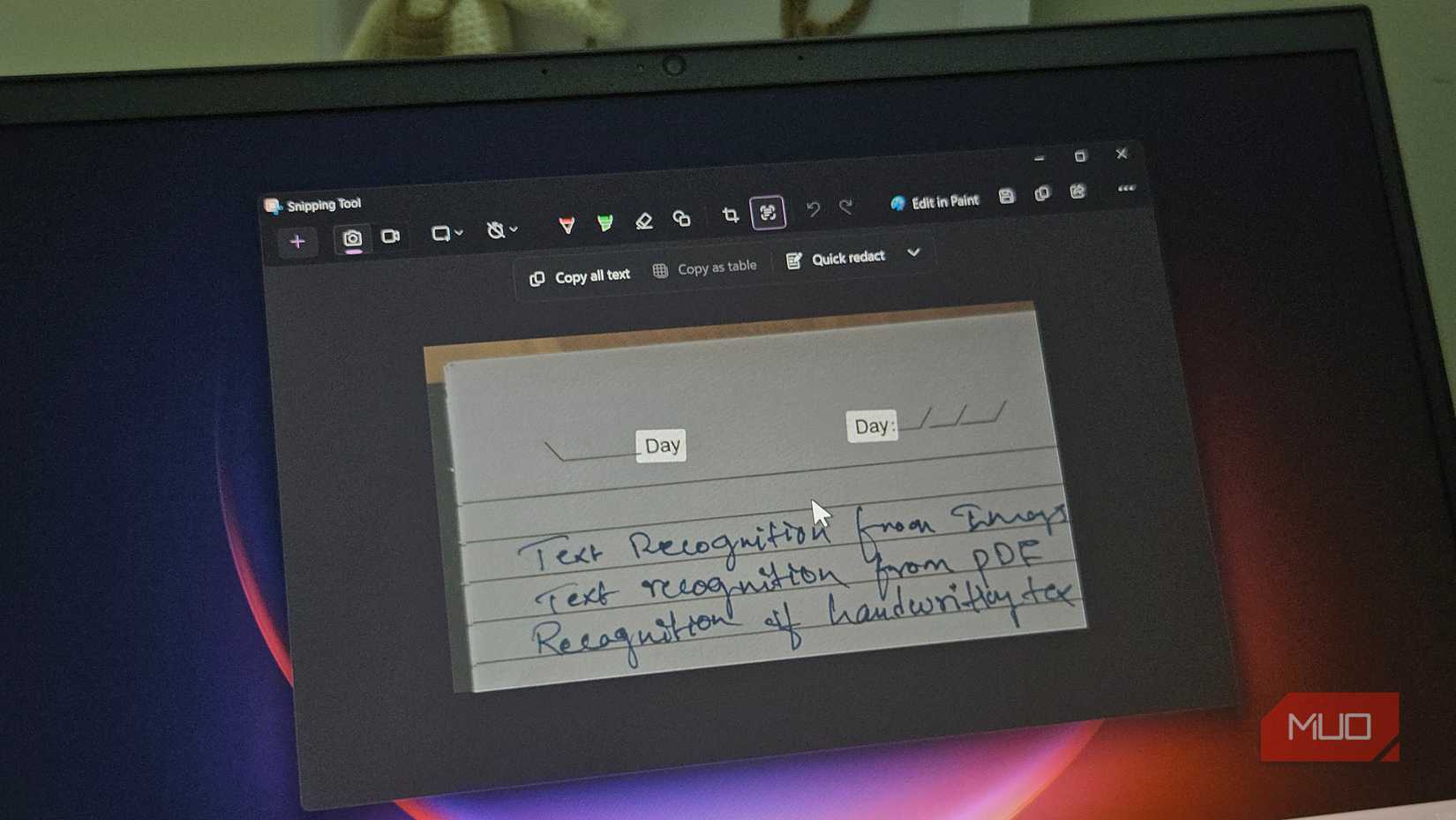 hand written note image open in Snipping Tool text selector