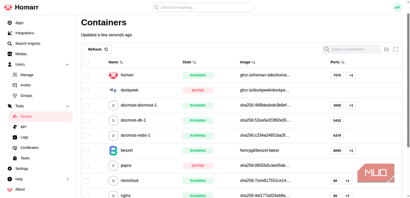Homarr Docker container view