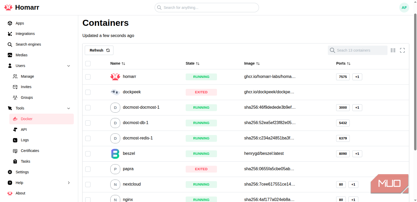 Homarr Docker container view