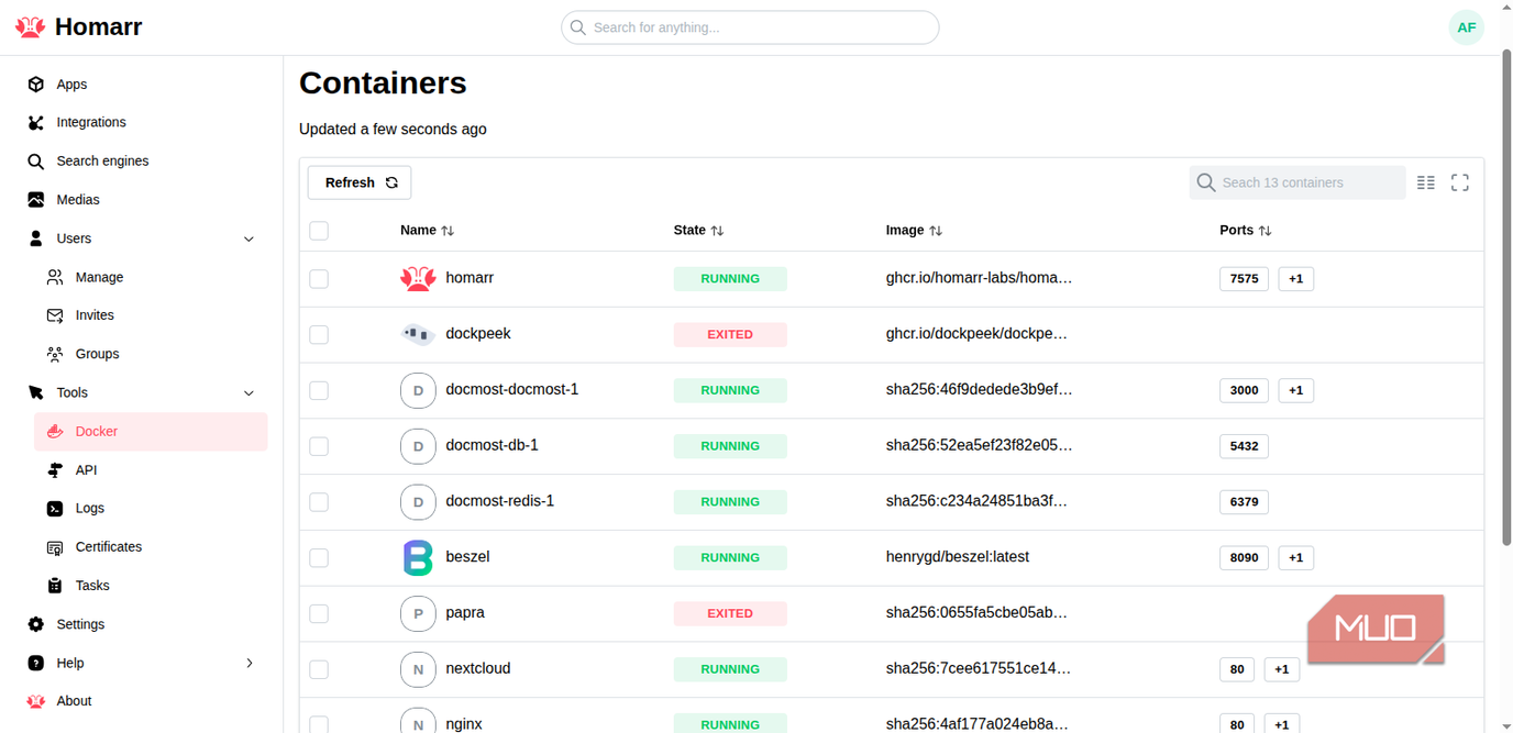 Homarr Docker container view