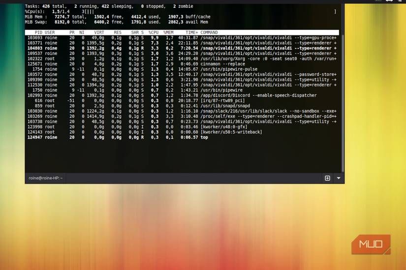 The htop command output.