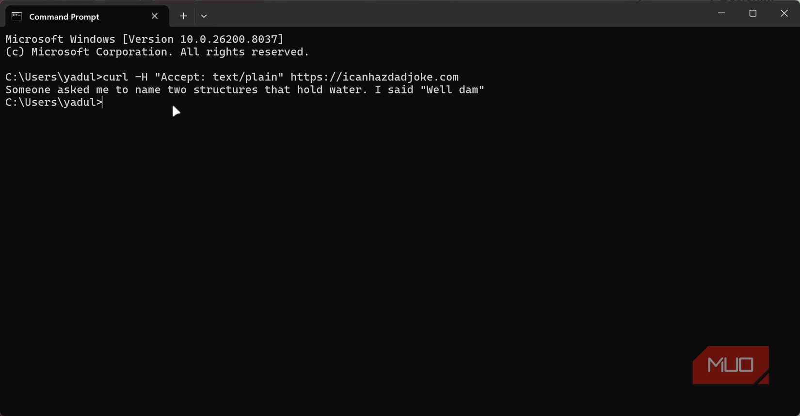 icanhazdadjoke curl request in Windows Terminal.