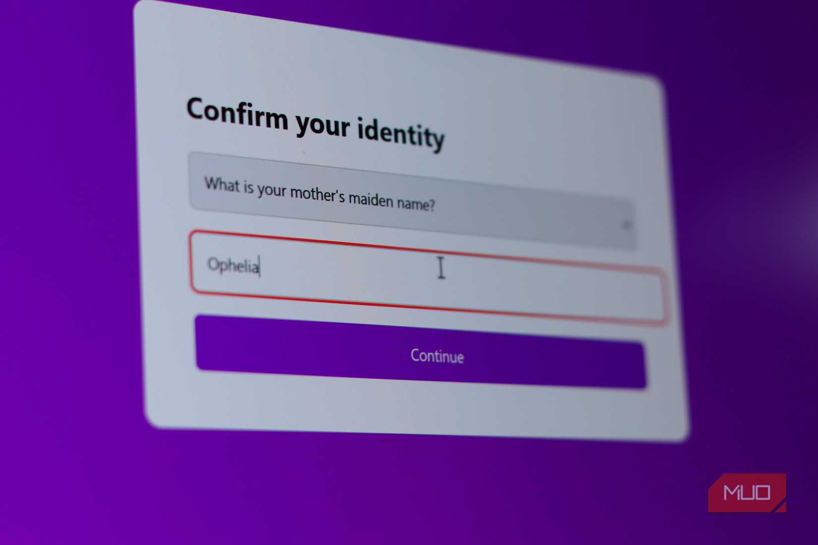 Identity confirmation question on purple background.