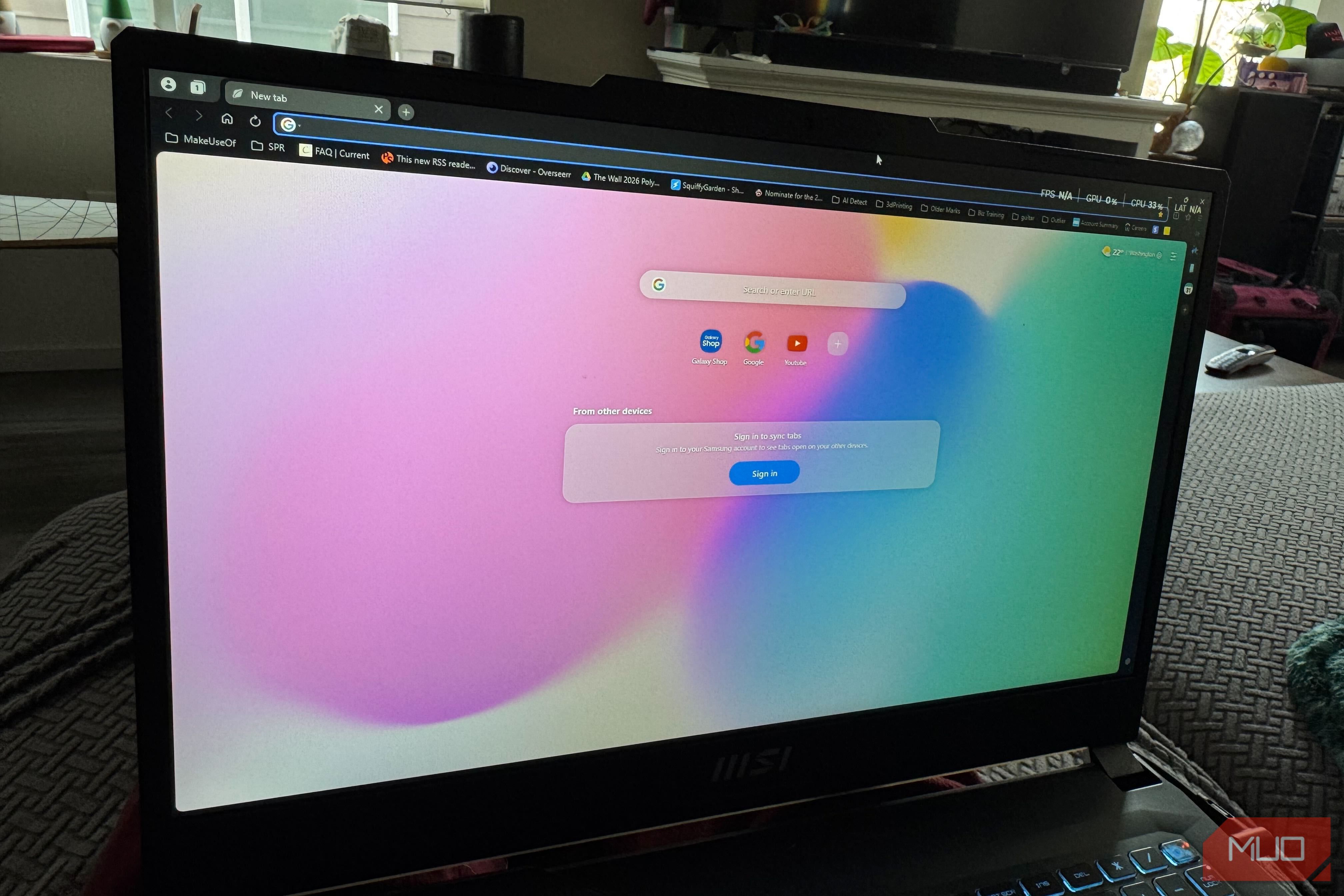 Samsung Browser running on a laptop, showing the home page.