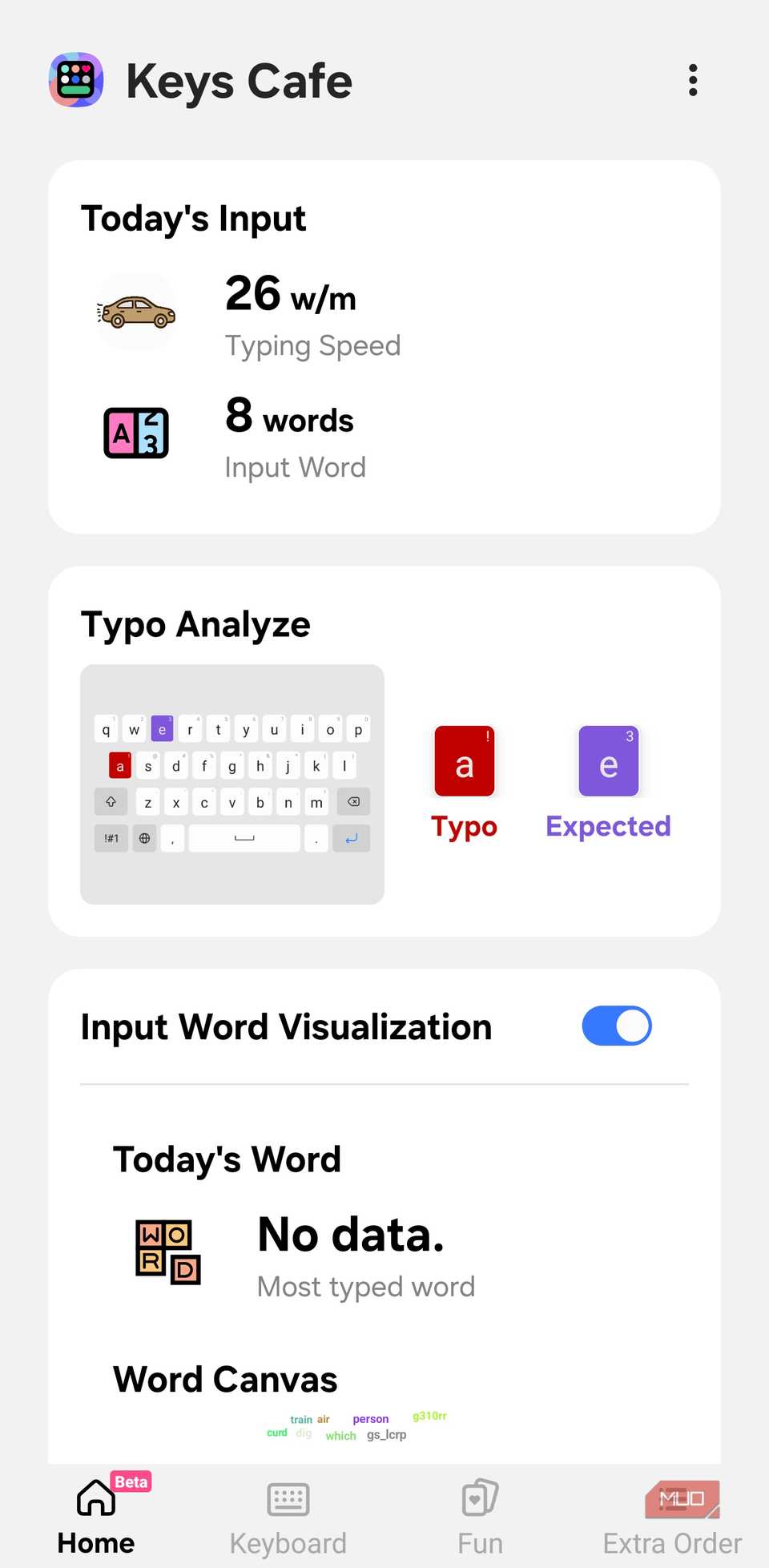 Keys Caféのタイピング統計と誤字分析画面