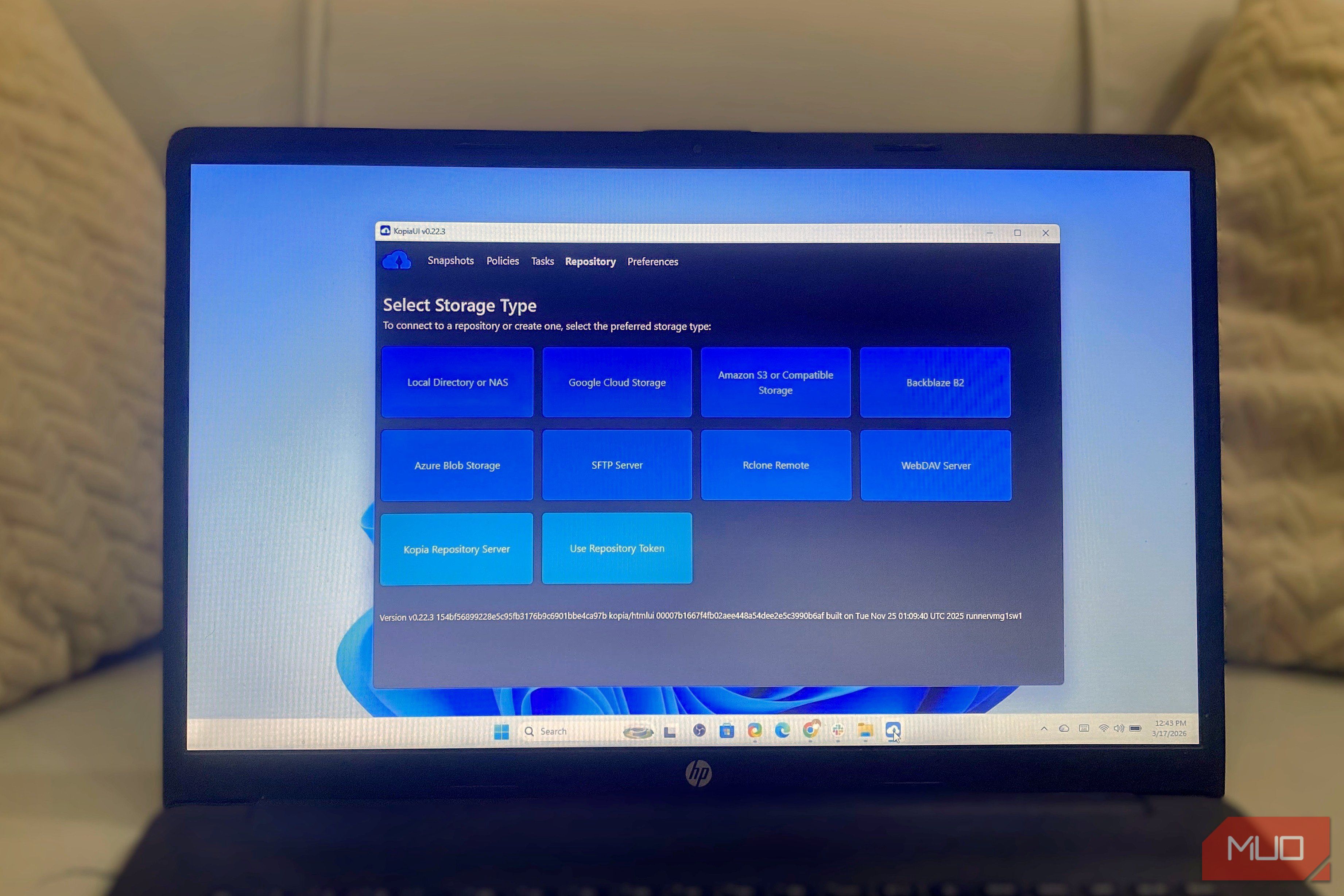 واجهة المستخدم Kopia على نظام التشغيل Windows