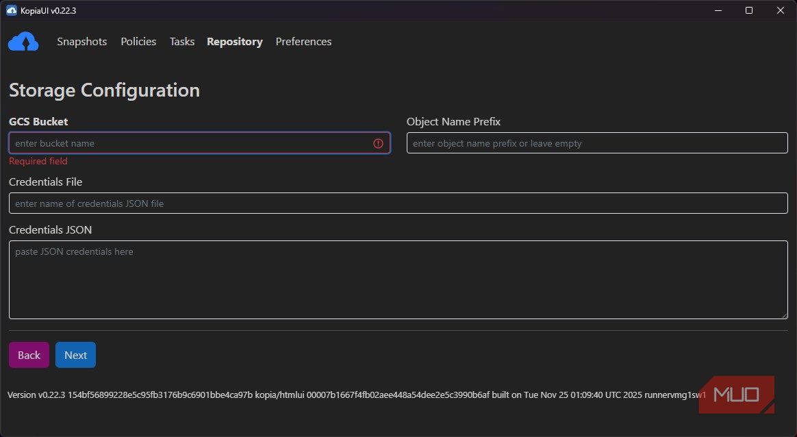 KopiaUI Goggle Cloud storage configuration