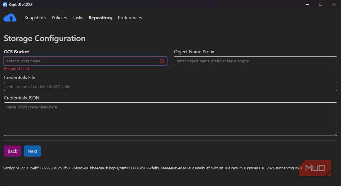 KopiaUI Goggle Cloud storage configuration