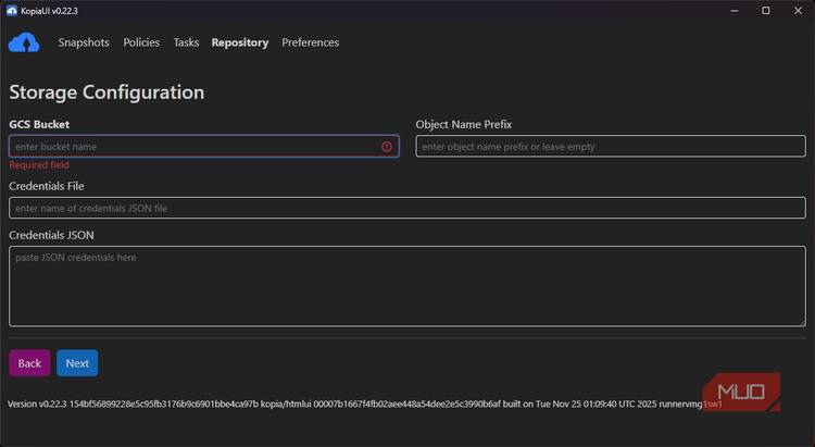KopiaUI Goggle Cloud storage configuration
