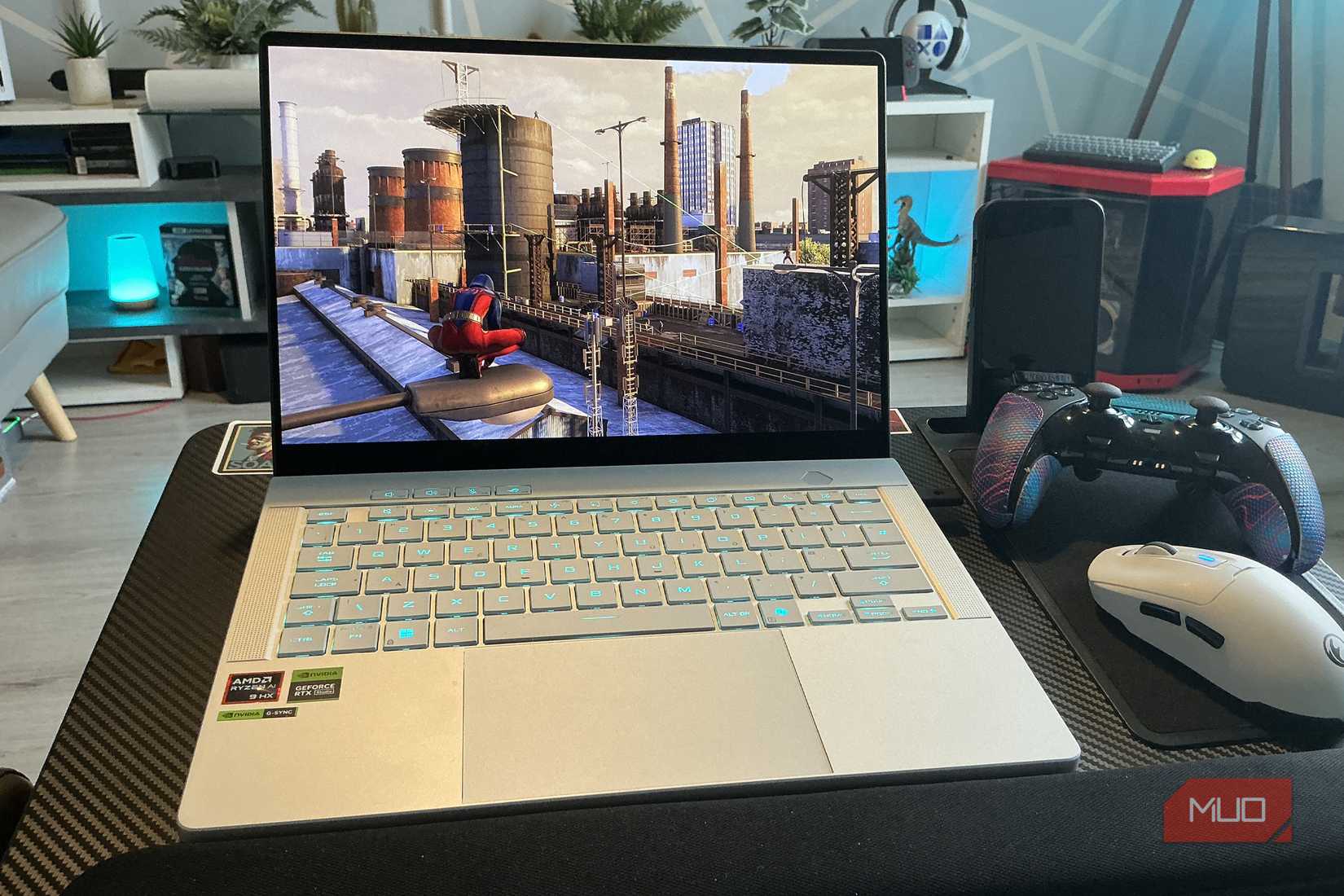 LapGear Pro Home Office lap desk with silver gaming laptop