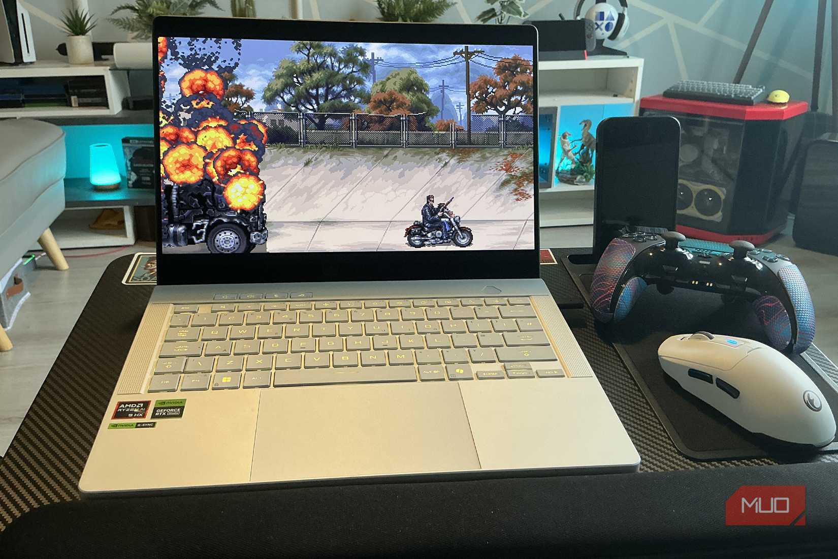 LapGear Pro Home Office lap desk with silver gaming laptop