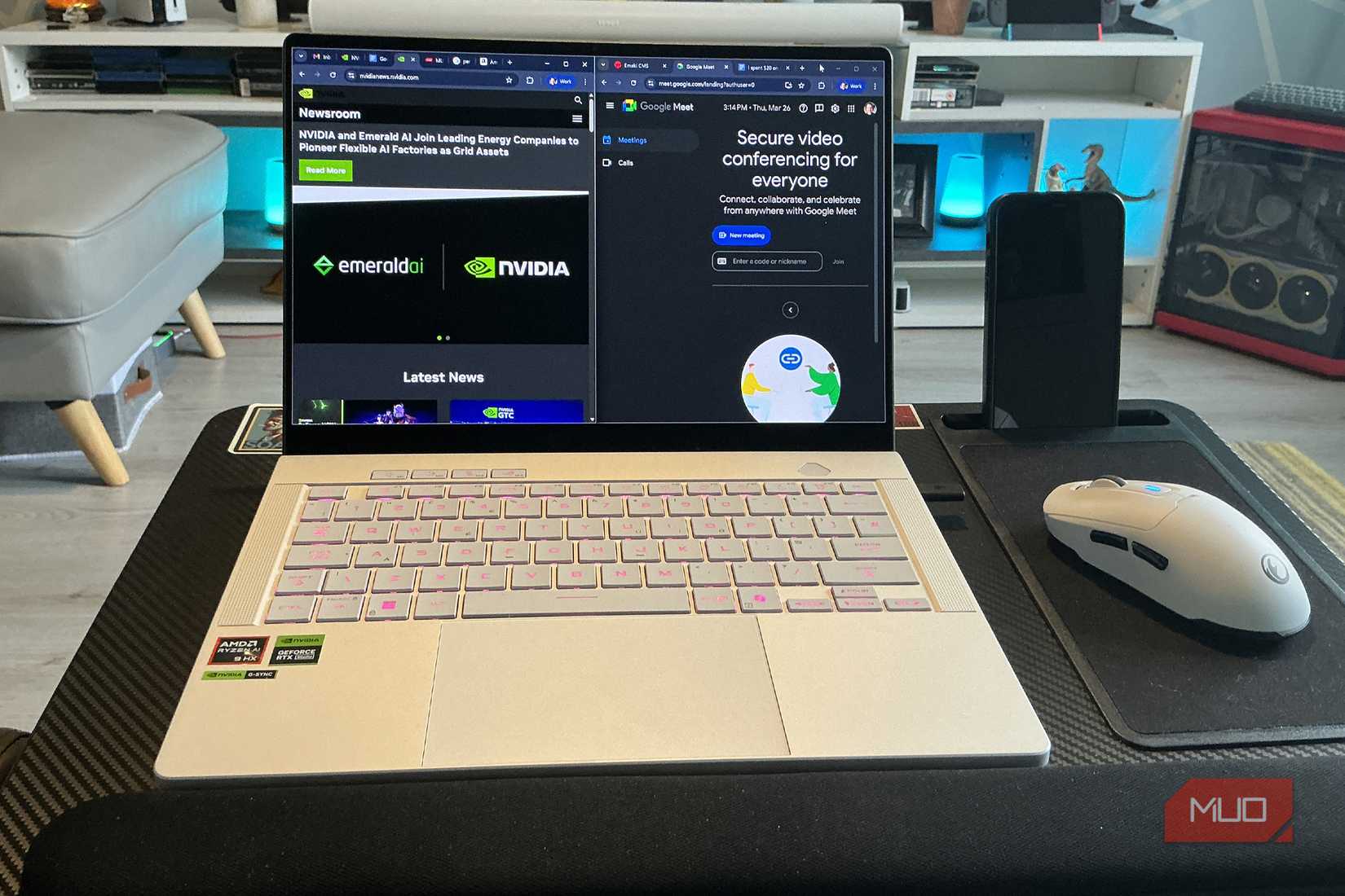 LapGear Pro Home Office lap desk with silver gaming laptop