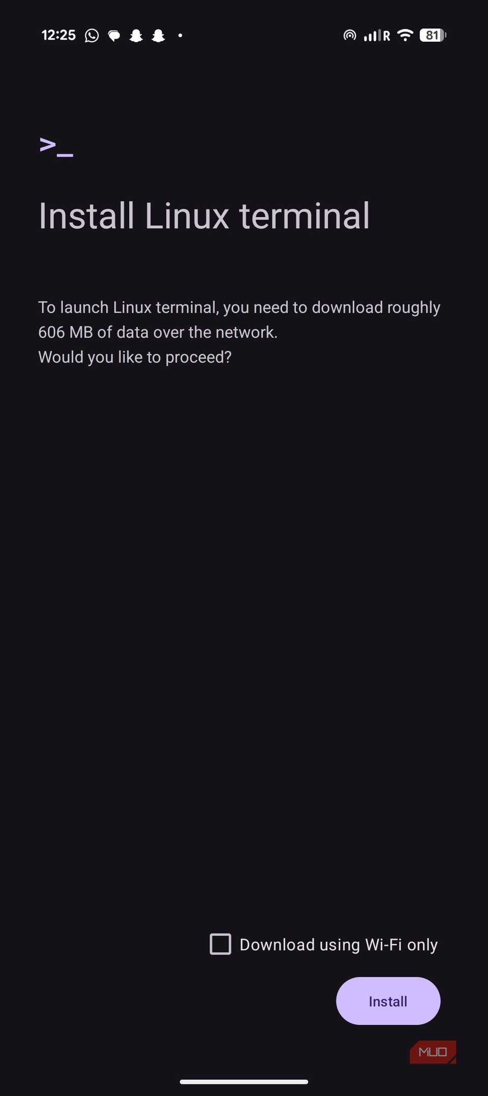 Pantalla de instalación del terminal Linux en Android Pixel 9a.