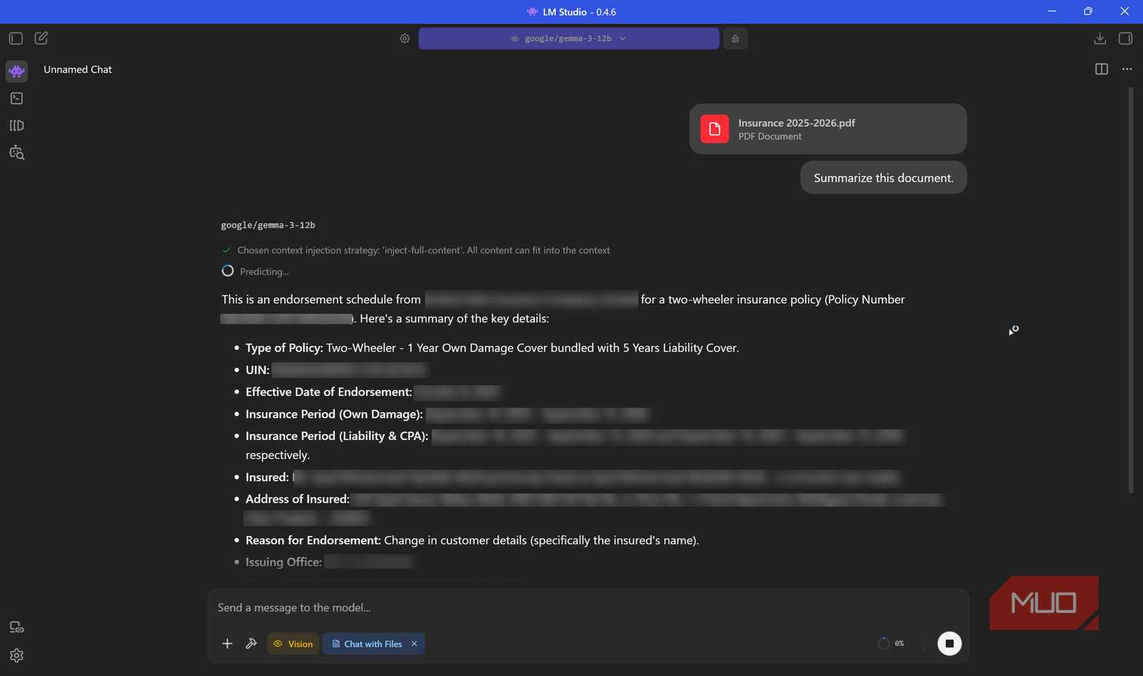LM studio analyzing insurance document.