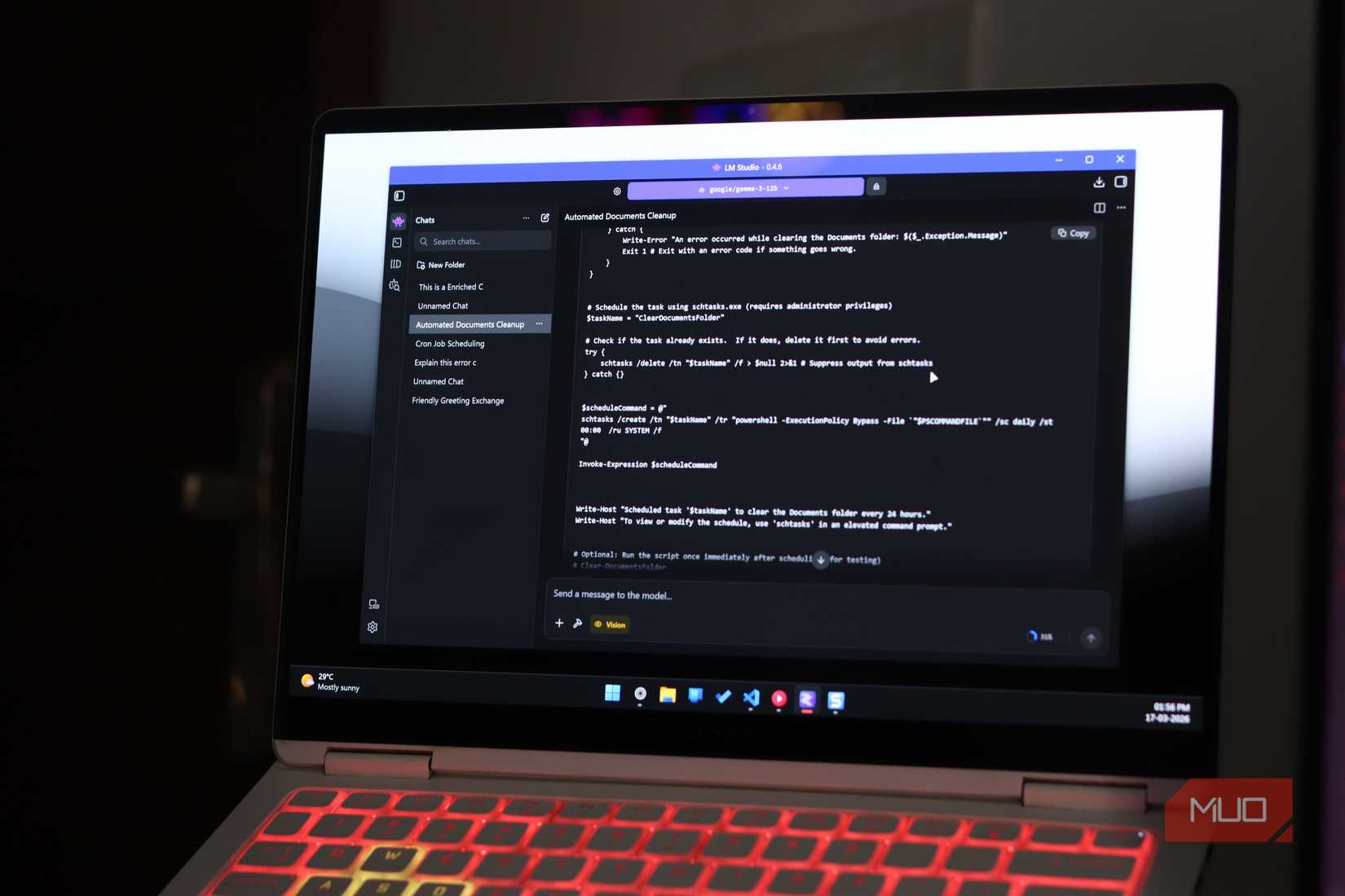 LM studio running on windows 11 laptop with chat open.