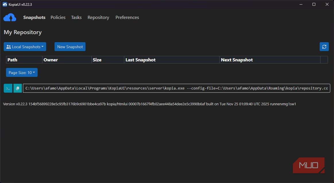 Local repository snapshot for Kopia