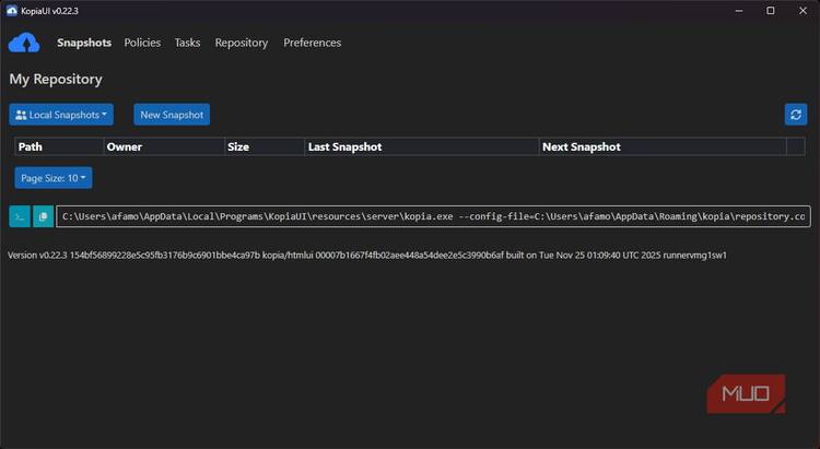 Local repository snapshot for Kopia