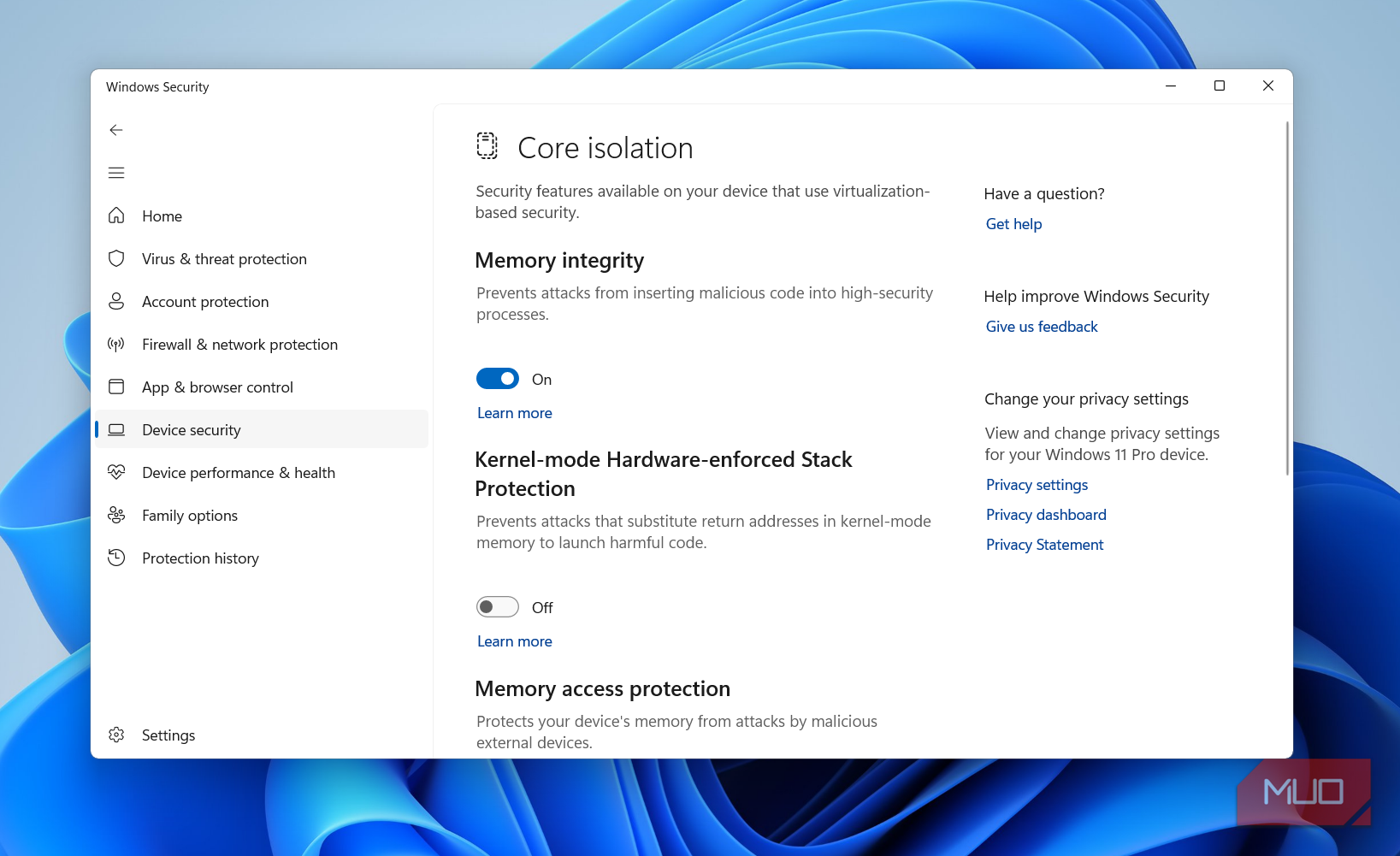 Memory Integrity setting on PC