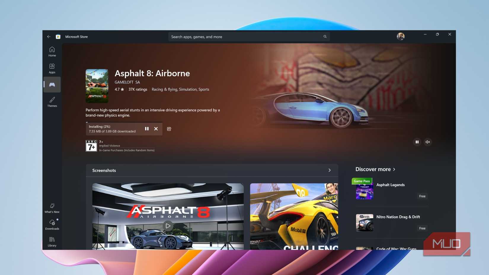 Microsoft Store page for Asphalt Airborne downloading on a Windows PC