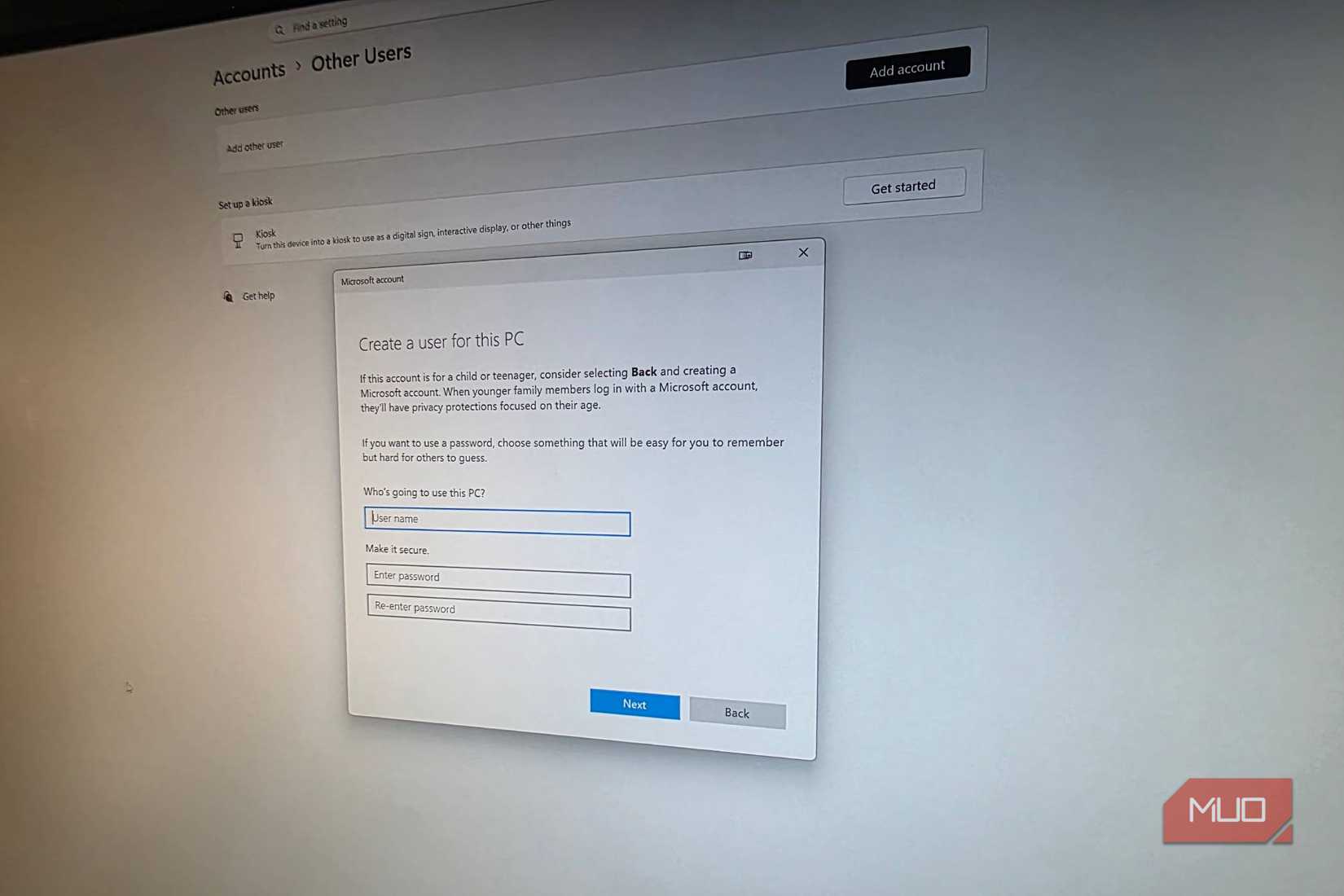 Local account / user account creation page in Windows 11 settings
