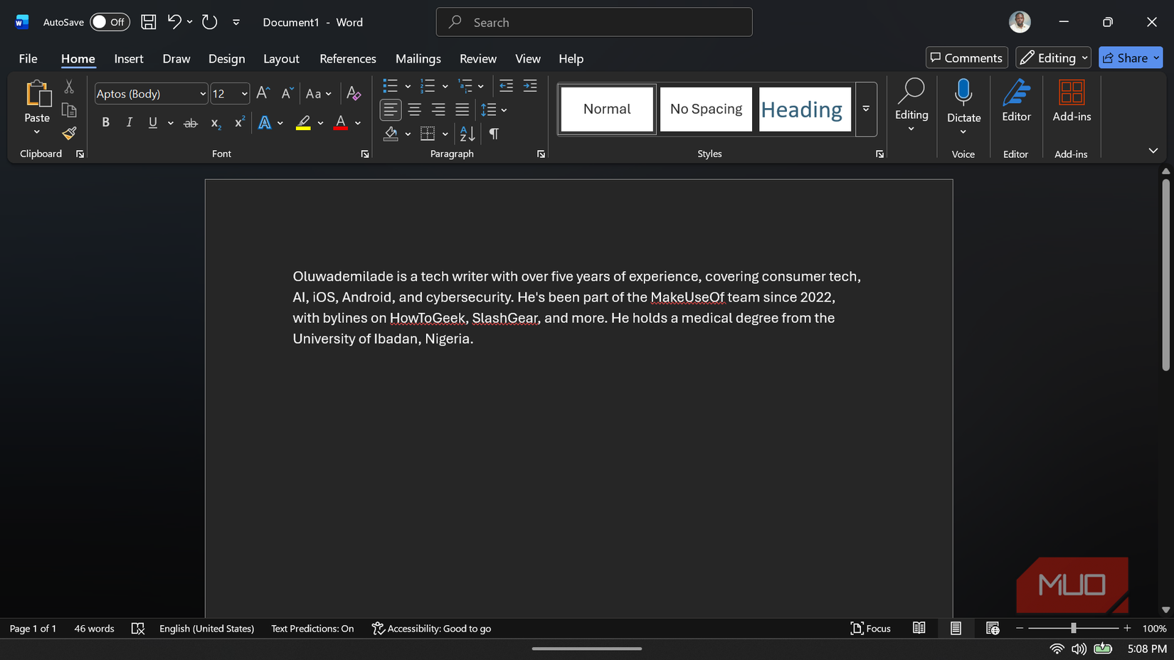 Microsoft Word document displaying the fully expanded author bio text.