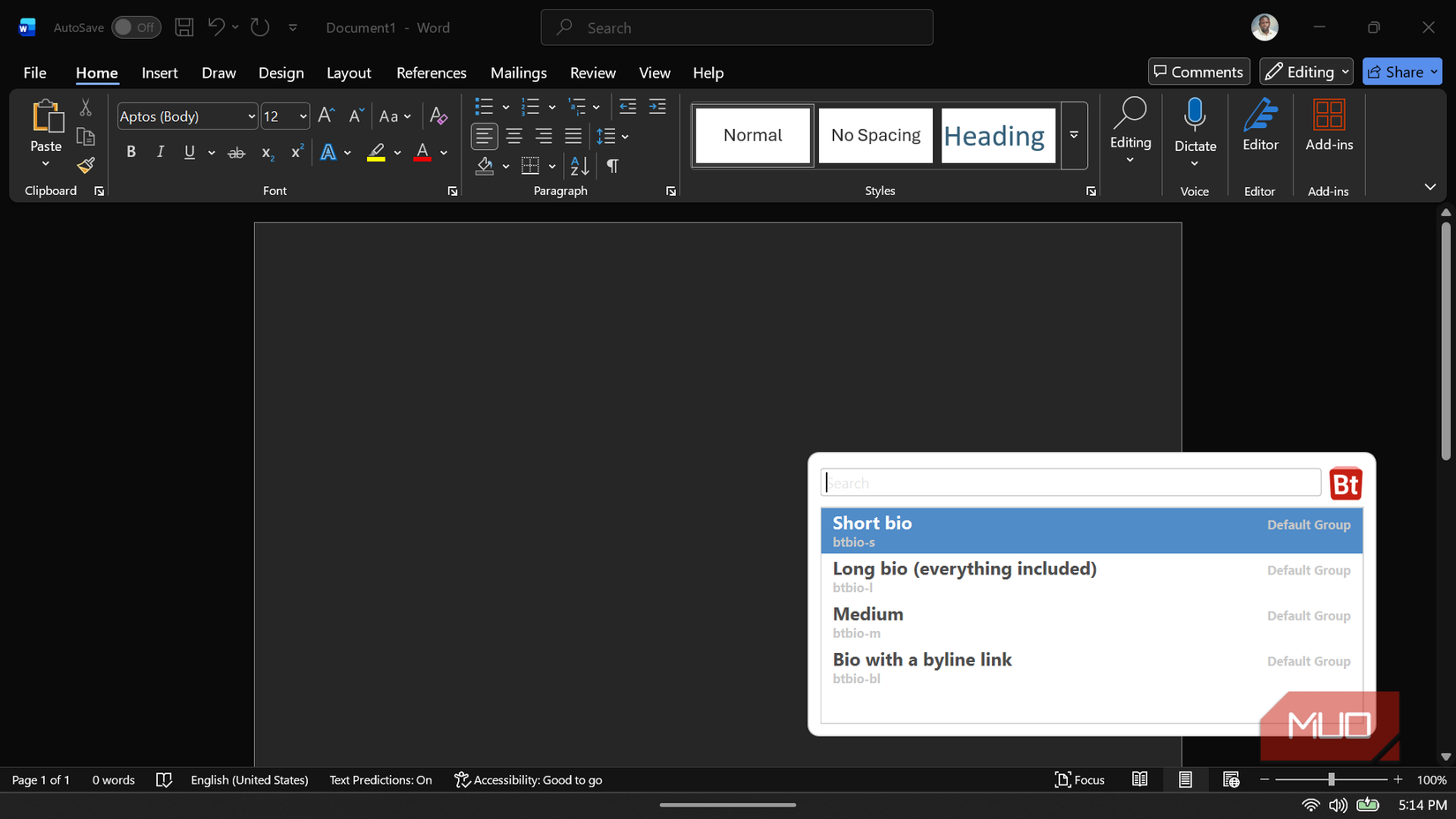 Microsoft Word document featuring the Beeftext combo picker overlay window.