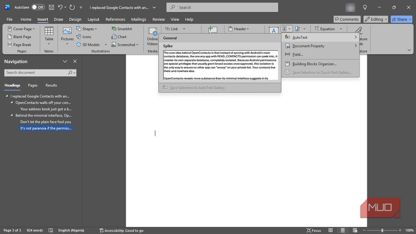 Documento de Microsoft Word que muestra el menú desplegable de Autotexto abierto y muestra una entrada de Spike guardada.