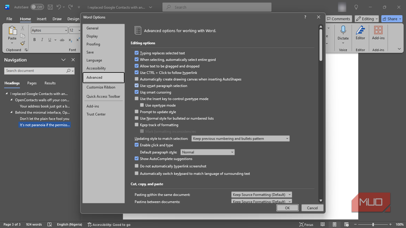 Cuadro de diálogo Opciones de Microsoft Word abierto en la pestaña Avanzado.