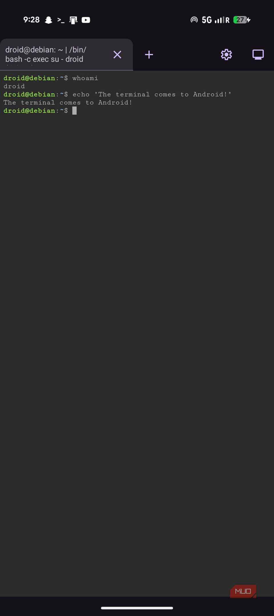 Terminal nativo ejecutándose en Pixel 9a.