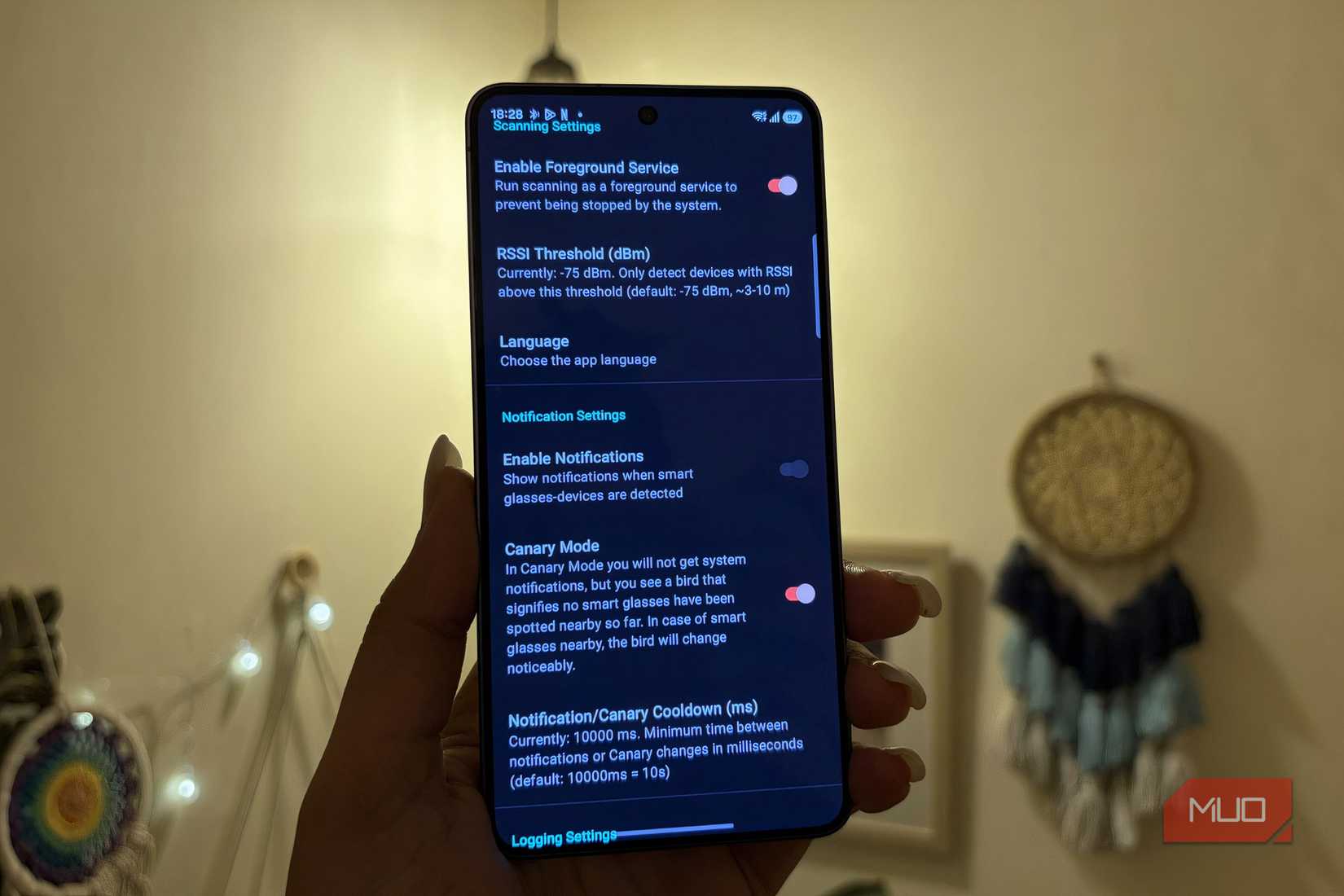 Near Glass Settings page
