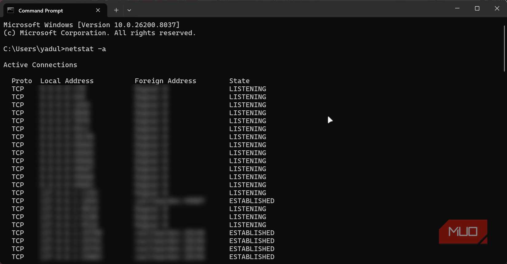 Netstat with A flag running in Windows Terminal.